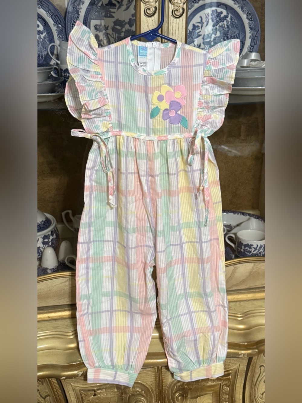 Vintage Melissa Jackson pastel plaid long bubble romper 2t baby girls